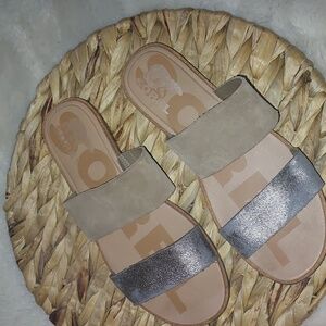 Sorel Beige Metallic Suede Ella II Slide Flat Sandal Sz 8.5